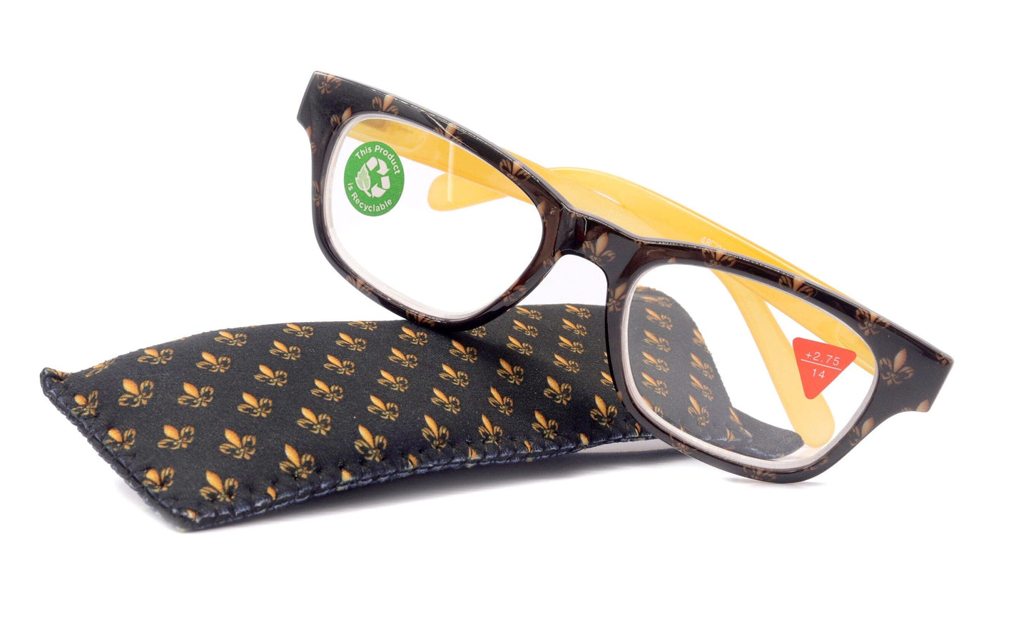 Lilly, (Premium) Reading Glasses (Fleur De Lis) +1 .. +3 Magnifying, Fashion Square Optical Frame. (Yellow, Gold, Black) NY Fifth Avenue.