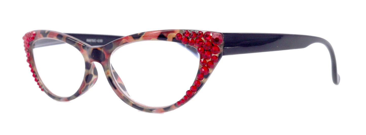 Lynx, (Bling) Cat Eyes, Women Reading Glasses W (light Siam) Genuine European Crystals (Red, Tortoise Black) Cat eye Frame, NY Fifth Avenue.