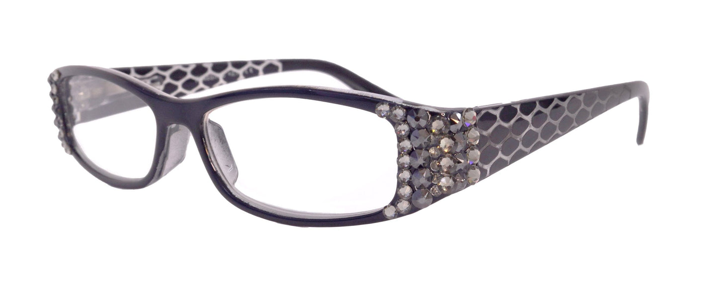 Lyon, (Bling) Reading Glasses with (Black Diamond, Hematite) (Dragon scale Pattern) Rectangular (Black) NY Fifth Avenue