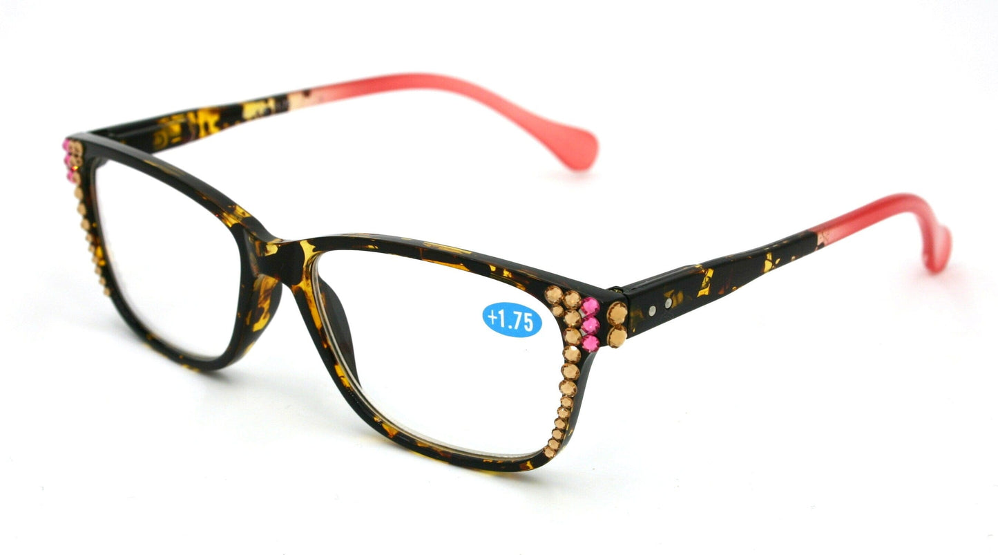 Milan, (Bling) Reading Glasses Women W (L. Colorado, L. Rose) Genuine European Crystals. Square +1.25..+3 (Tortoise Brown, Pink)