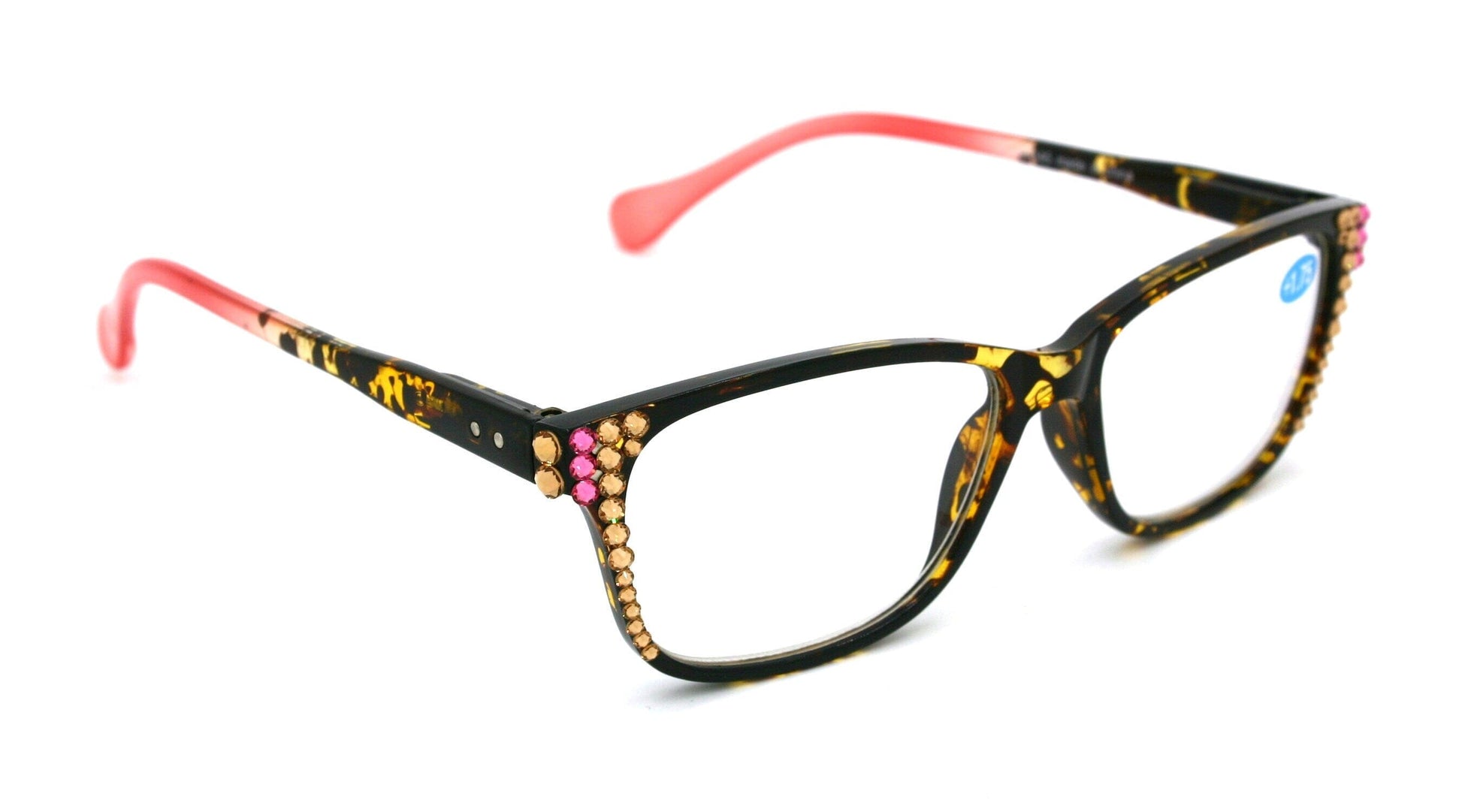 Milan, (Bling) Reading Glasses Women W (L. Colorado, L. Rose) Genuine European Crystals. Square +1.25..+3 (Tortoise Brown, Pink)