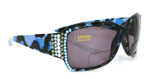 Nissi, (Bling, Bifocal) Women Sun Reader W (Full Sides) (Blk Diamond, Clear, Aqua Blue) Genuine European Crystals Leopard, NY Fifth Avenue