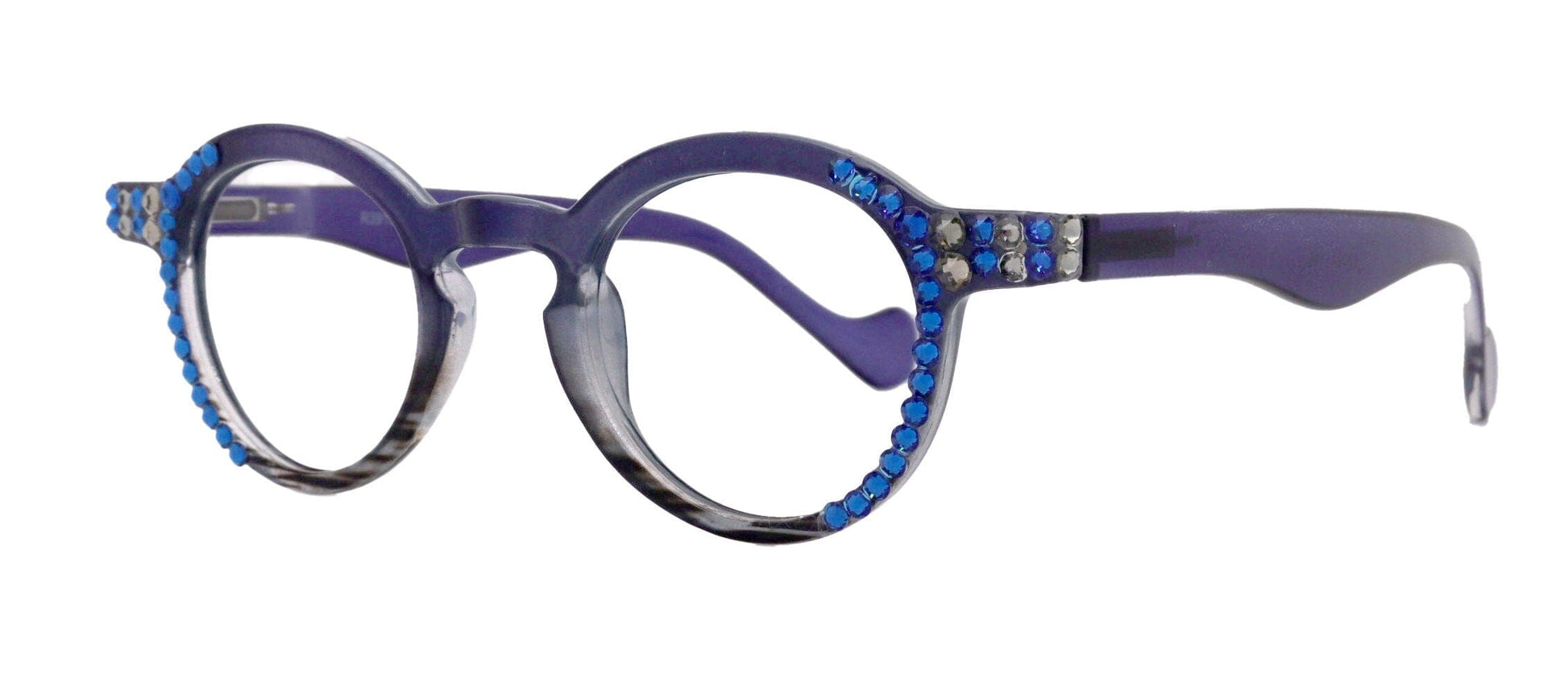 Orlando Bling Reading Glasses, W Capri Blue N Black Diamond European crystals, Magnifying Eyeglasses, (Blue) (Round) NY Fifth Avenue