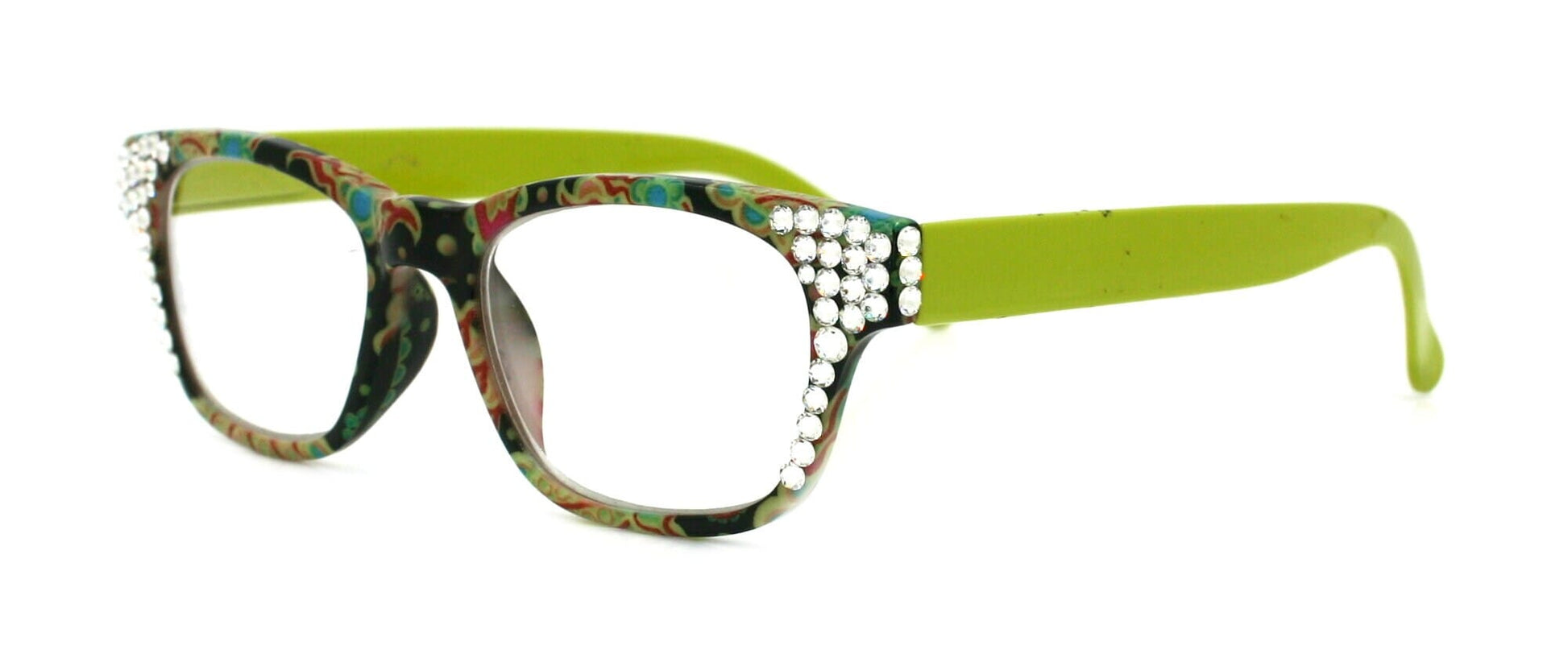 Persia, (Bling) Reading Glasses For Women Adorned W (Clear) Genuine European Crystals.+1.25.+3 (Lime Green) Paisley Floral. NY Fifth Avenue.