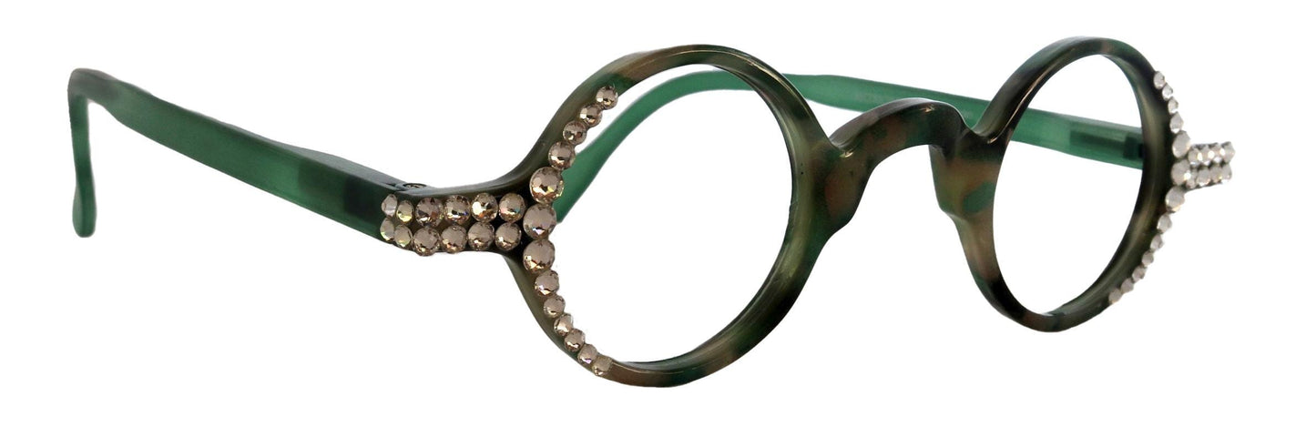 Picasso, (Bling) Women Reading Glasses W (Clear) Genuine European Crystals, Round Circle Green Tortoiseshell NY Fifth Avenue