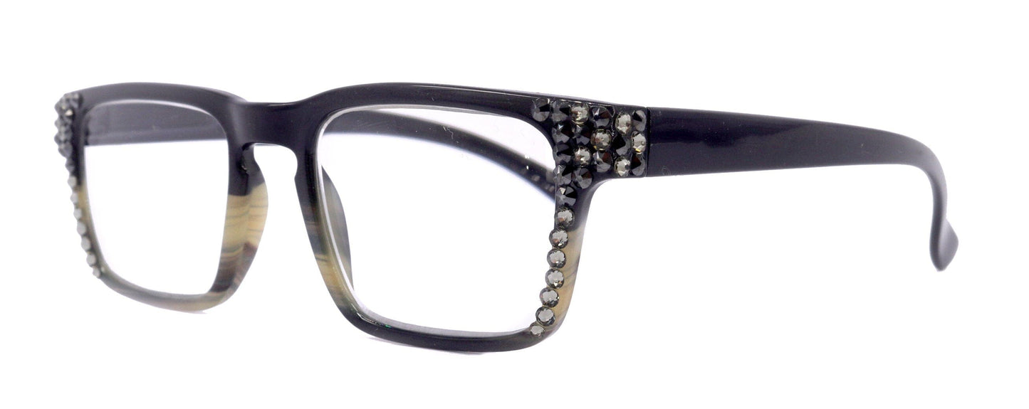 Piper, (Bling) Reading Glasses for Women W (Black Diamond, Hematite) Genuine European Crystals (Black Brown Faded Stripes) NY Fifth Avenue