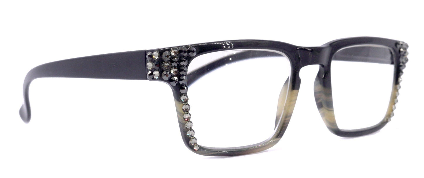 Piper, (Bling) Reading Glasses for Women W (Black Diamond, Hematite) Genuine European Crystals (Black Brown Faded Stripes) NY Fifth Avenue