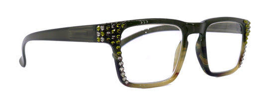 Piper, (Bling) Reading Glasses for Women W (Black Diamond, Olivine) Genuine European Crystals. (Black Green Faded Stripes) NY Fifth Avenue