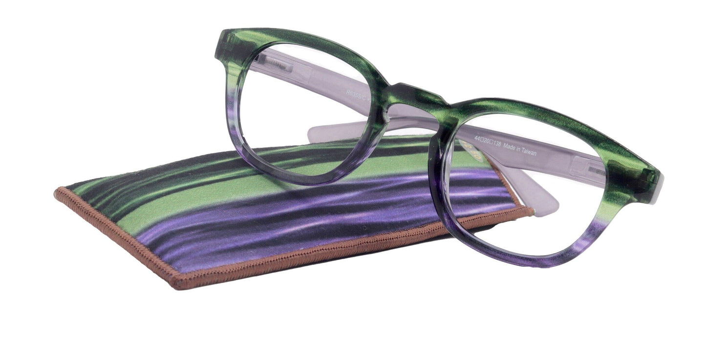 Premium Reading Glasses High End Readers +1.25 .. +4.00 (Purple, Green Transparent) Round Optical Frames. NY Fifth Avenue.