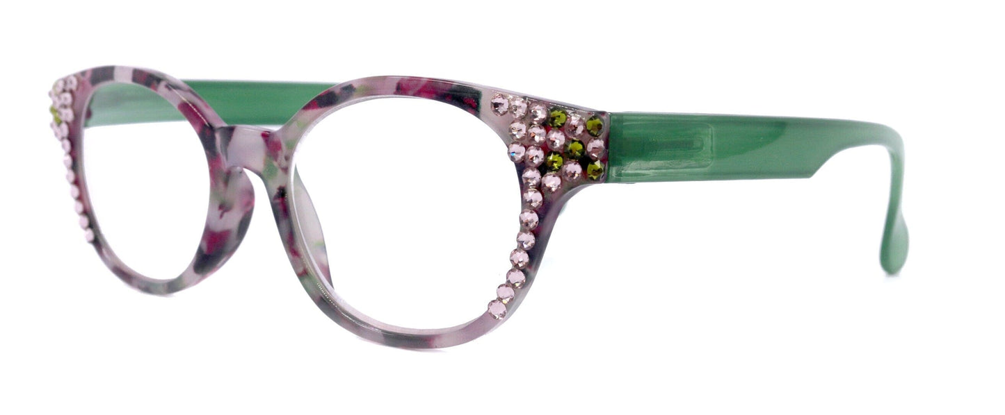 Sally, (Bling) Women Reading Glasses W (Light Amethyst, Olivine) Genuine European Crystals, Round +1.25 ..+4 (Green, Purple) NY Fifth Avenue