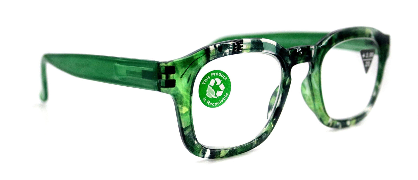 Sasha, (Premium) Reading Glasses, High End Readers +1.25..+3 Magnifying Eyeglasses (Black n Green) Camo Square Optical Frames NY Fifth Avenue