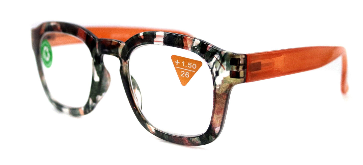 Sasha, (Premium) Reading Glasses High End Readers, Magnifying Eyeglasses (Black n Orange) Camo Square Optical Frames NY Fifth Avenue