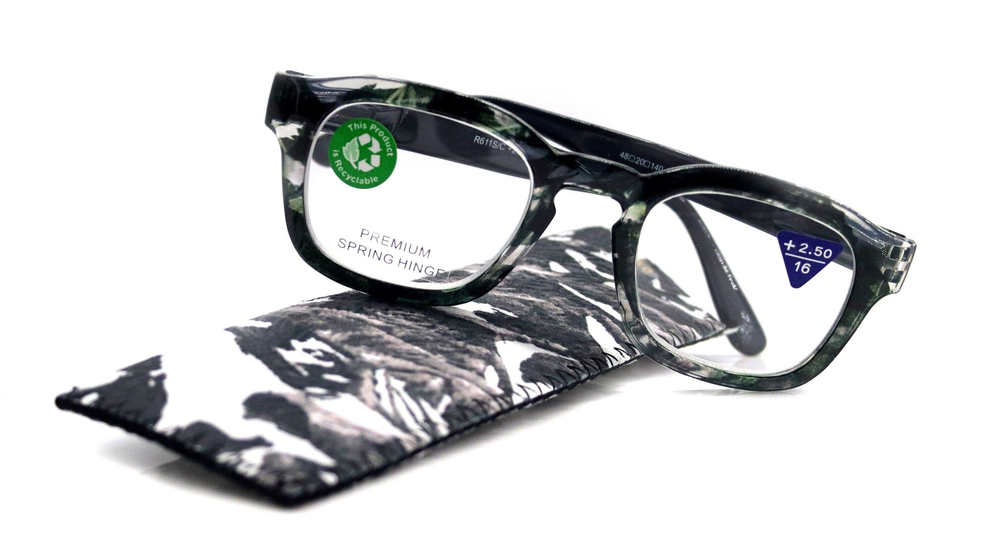 Sasha, (Premium) Reading Glasses, High End Readers +1.25..+3 Magnifying Eyeglasses (Black n White) Camo Square Optical Frames NY Fifth Avenue