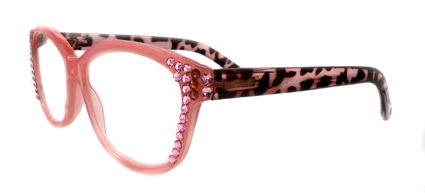 Savannah, (Bling) Reading Glasses 4 Women W (Light Rose, Rose) Genuine European Crystals. Square +1.25..+3 (Tortoise Brown n Pink)