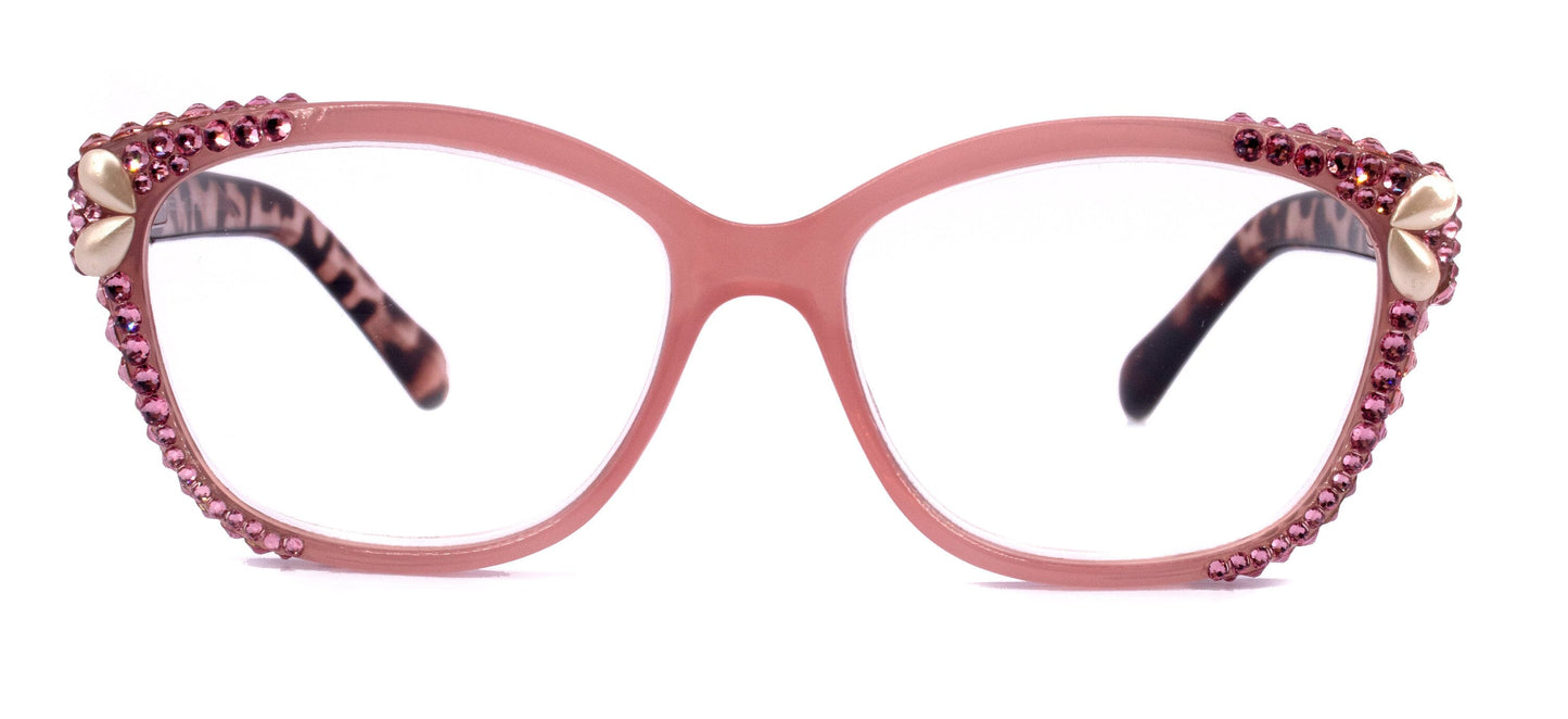 Savannah, (Bling) Women Reading Glasses W (2X line) (Light Rose, Rose, Pearl Teardrop)Genuine European Crystals. (Pink) NY Fifth Avenue.