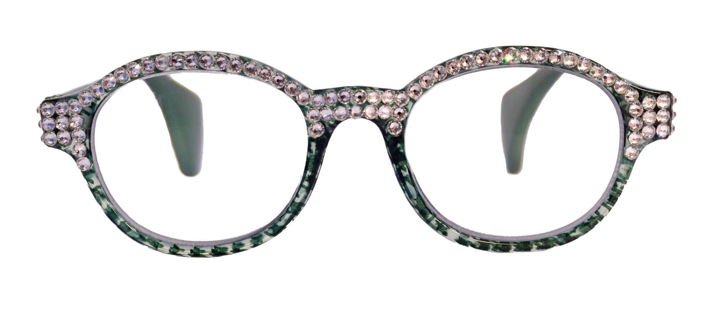 The Alchemist, (Bling) Round Women Reading Glasses W (Full TOP) (Clear) Genuine European Crystals (Hound tooth, Green) NY Fifth Avenue