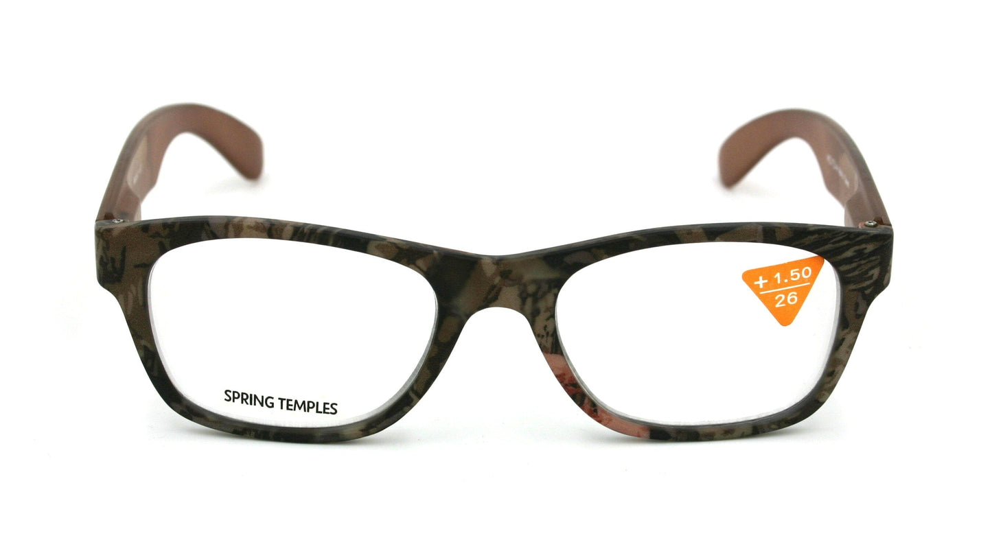 The Forester, (Premium) Reading Glasses, High End Reader +1.25 to +3 Magnifying Wayfarer Style (Brown Camouflage) Frame. NY Fifth Avenue