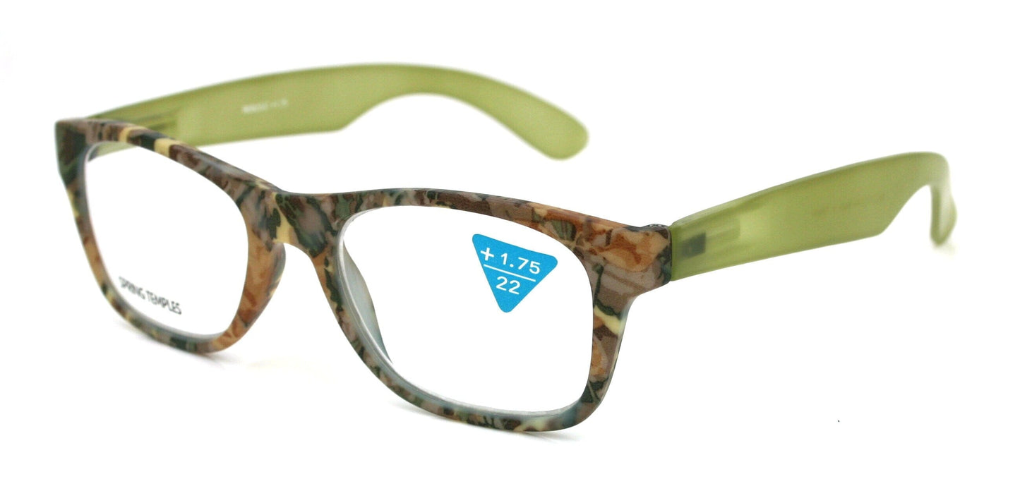 The Forester, (Premium) Reading Glasses, High End Reader +1.25 to +3 Magnifying Wayfarer Style (Green Camouflage) Frame. NY Fifth Avenue