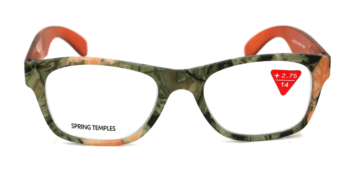 The Forester, (Premium) Reading Glasses, High End Reader +1.25 to +3 Magnifying Wayfarer Style (Orange Camouflage) Frame. NY Fifth Avenue