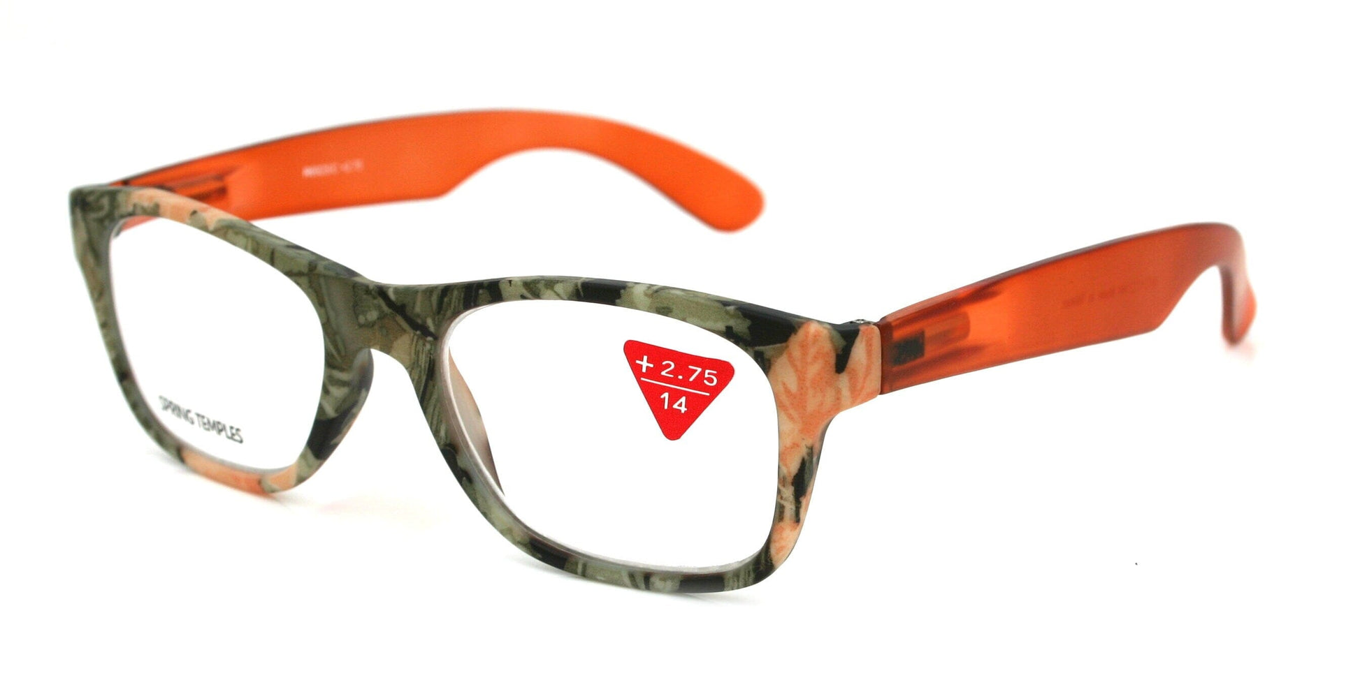 The Forester, (Premium) Reading Glasses, High End Reader +1.25 to +3 Magnifying Wayfarer Style (Orange Camouflage) Frame. NY Fifth Avenue