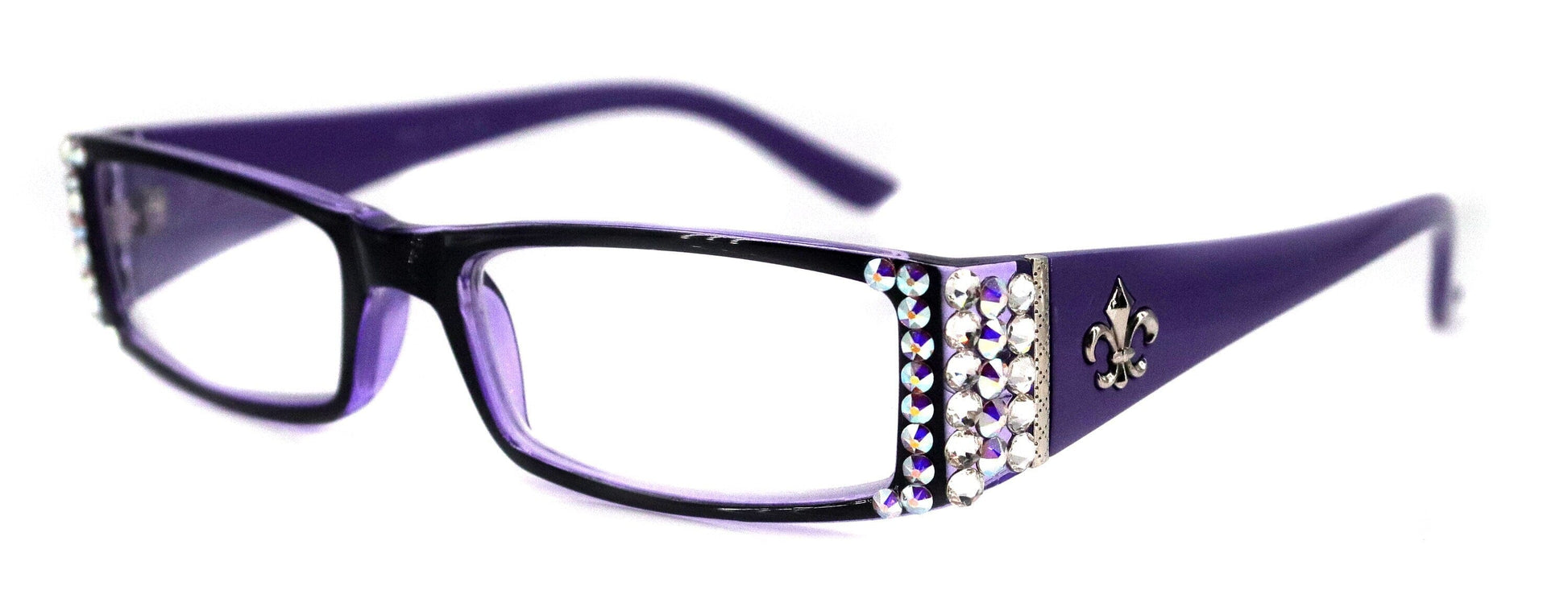 The French, (Bling) (Fleur De Lis) Women Reading Glasses W Genuine European Crystals +1 .. +3 (Purple) Frame, NY Fifth Avenue