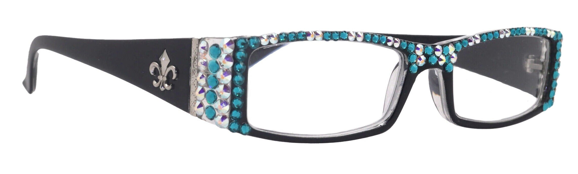 The French ( Full Bling) (Fleur De Lis) Women Reading Glasses W (AB Aurora Borealis N Turquoise) Genuine European Crystals , NY Fifth Avenue