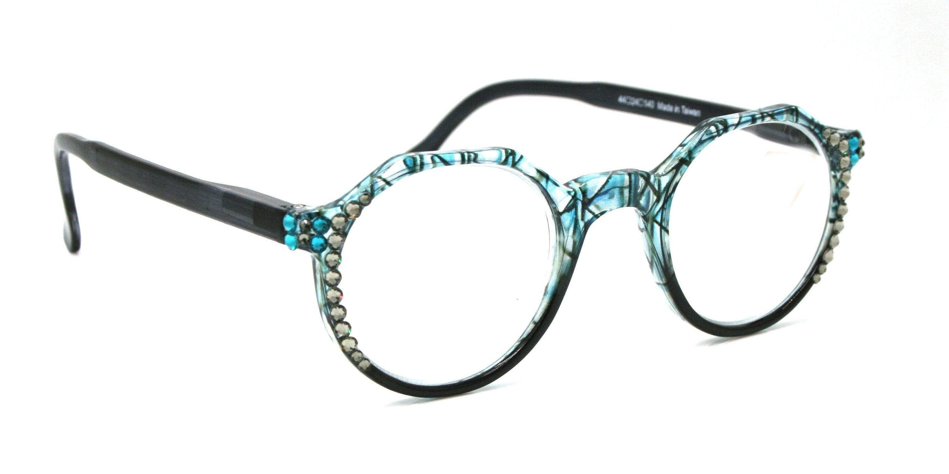 The Hexagon, (Bling) Women Reading Glasses W (Black Diamond, Blue Zircon) Genuine European Crystals (Clear, Grey, Blue ) NY Fifth Avenue