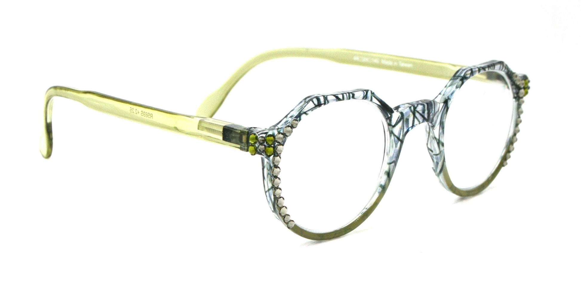 The Hexagon, (Bling) Women Reading Glasses W (Black Diamond, Olivine) Genuine European Crystals (Geometric) (Clear, Green ) NY Fifth Avenue