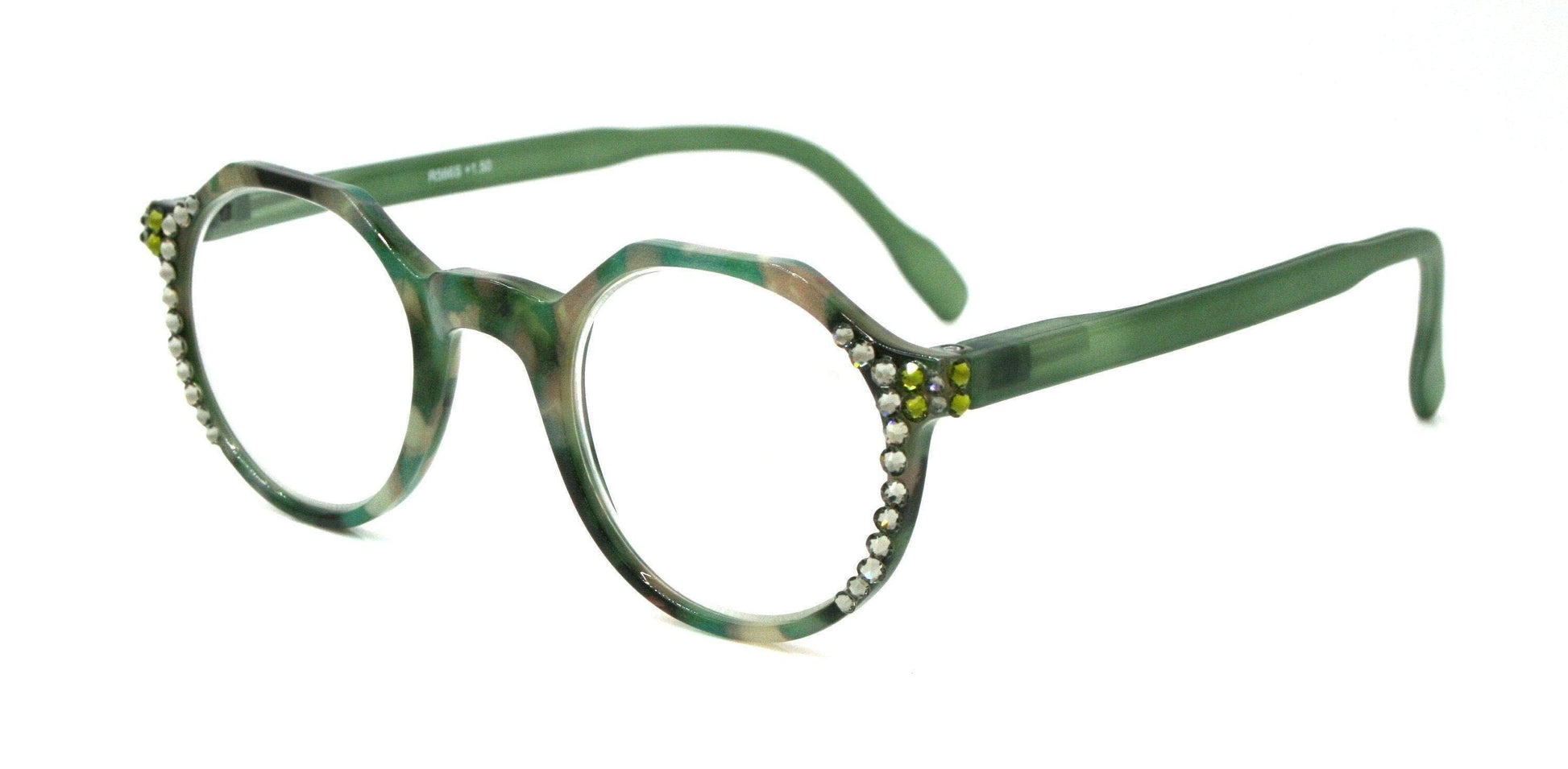 The Hexagon, (Bling) Women Reading Glasses W (Black Diamond, Olivine) Genuine European Crystals , (Green, Tortoise Shell) NY Fifth Avenue