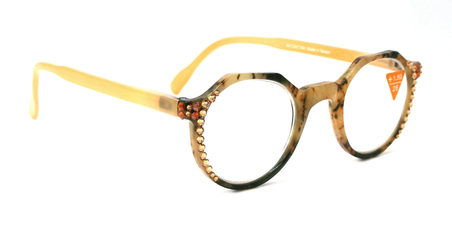 The Hexagon, (Bling) Women Reading Glasses W (Cooper, L. Colorado) Genuine European Crystals (Yellow, Tortoise Shell) NY Fifth Avenue