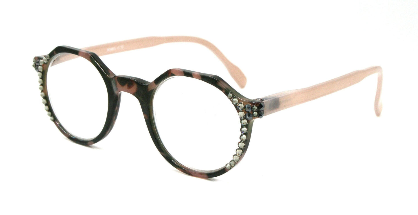 The Hexagon, (Bling) Women Reading Glasses W (Hematite, Black Diamond) Genuine European Crystals (Peach, Tortoise Brown) NY Fifth Avenue