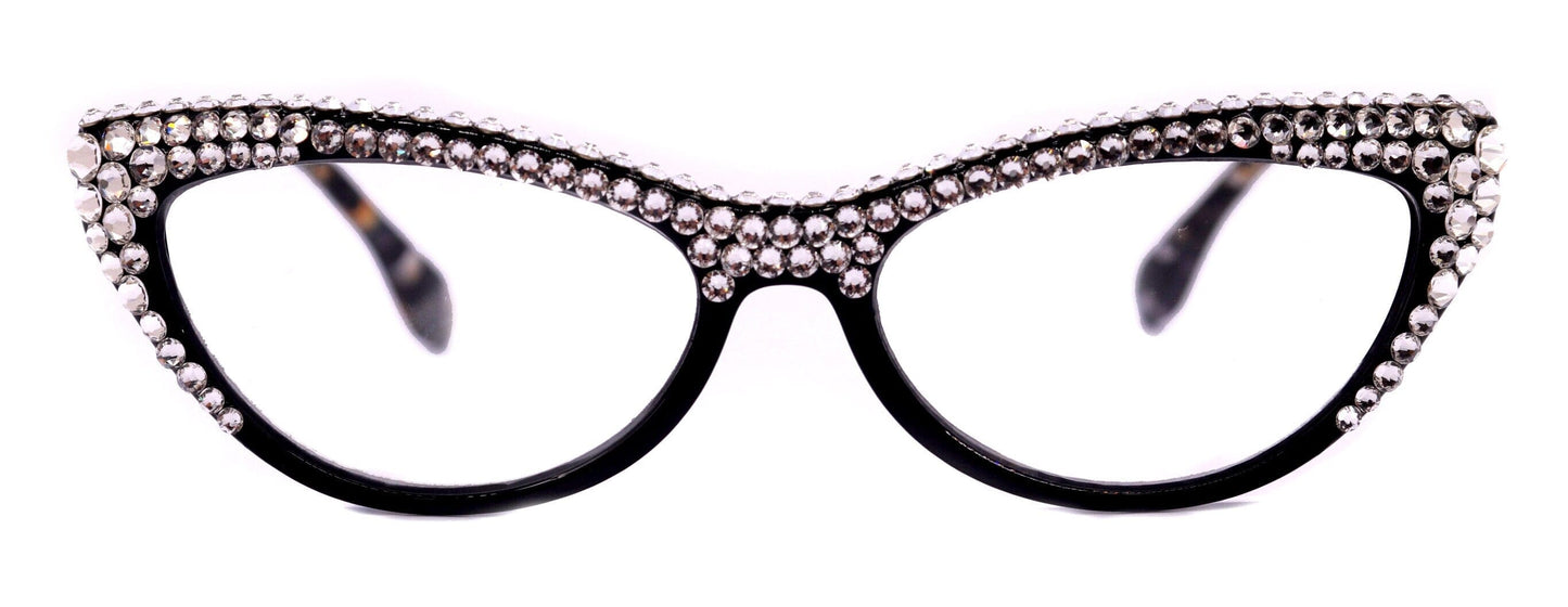 The Lynx, (Bling) Reading Glasses 4 Women W 2x (Full Top) (Clear) Genuine European Crystals, Magnifying Cat Eye NY Fifth Avenue