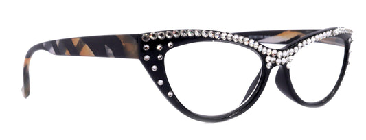 The Lynx, (Bling) Reading Glasses 4 Women W (Full Top) (Clear) Genuine European Crystals, Magnifying Cat Eye (Blk Leopard) NY Fifth Avenue