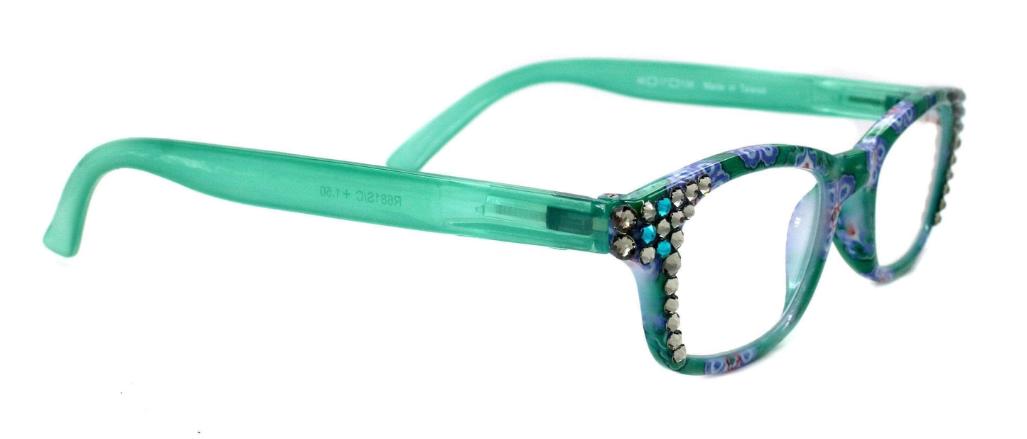 Vera, (Bling) Reading Glasses For Women w (Black Diamond, Blue Zircon) (Green) Paisley. NY Fifth Avenue. (Small Frame)