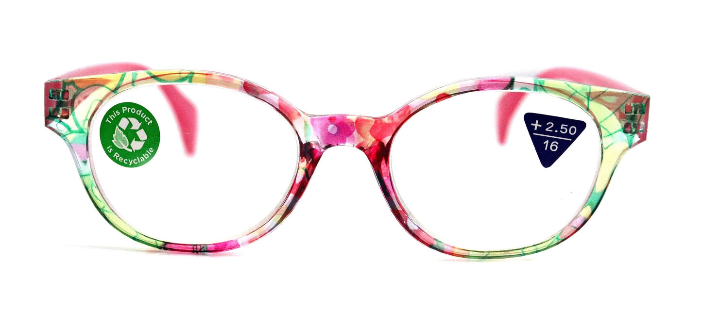 Versailles, (Premium) Reading Glasses High End Readers +1.25 .. +3.00 (Pink, Light Blue Floral) Round Optical Frames. NY Fifth Avenue.