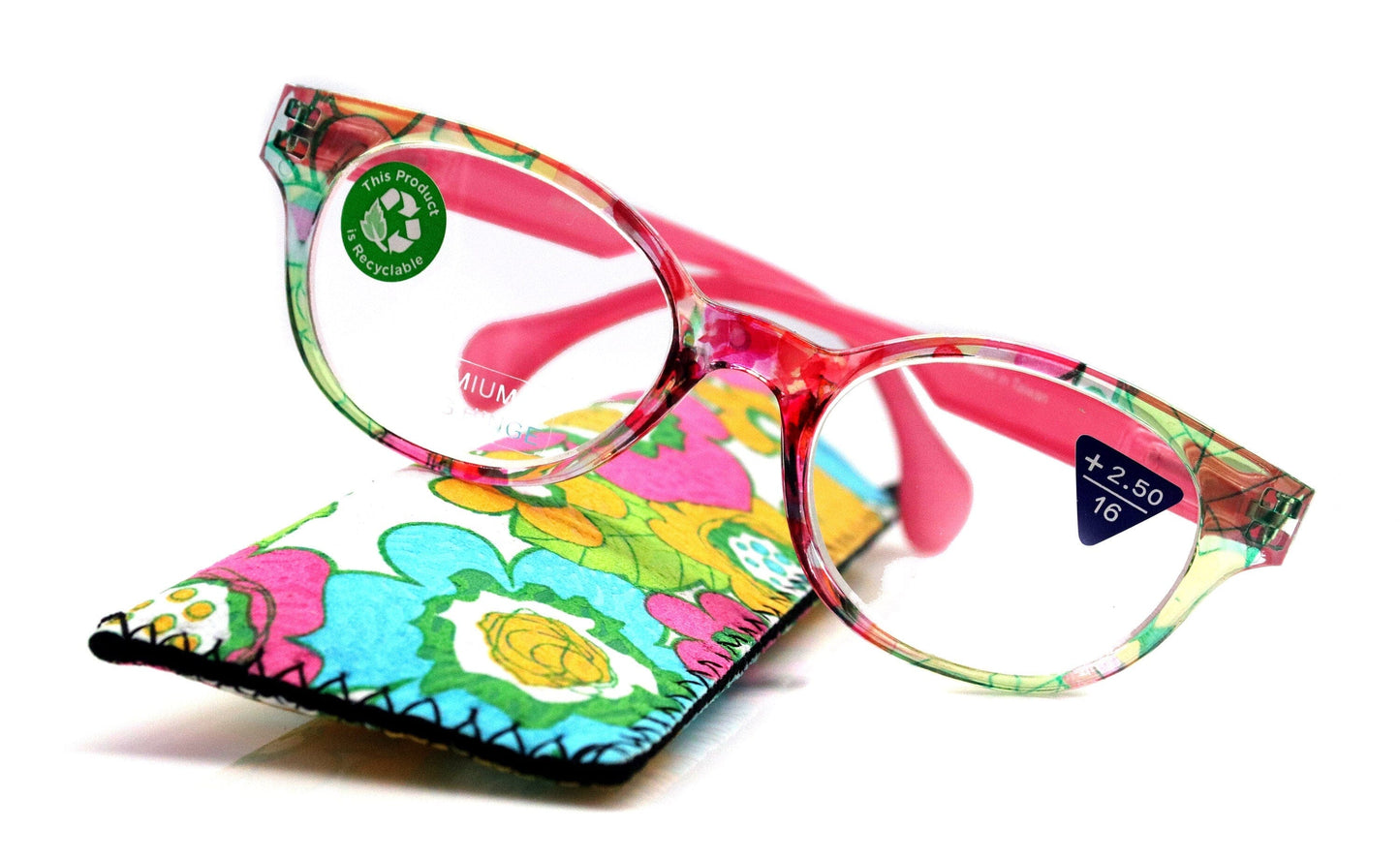 Versailles, (Premium) Reading Glasses High End Readers +1.25 .. +3.00 (Pink, Light Blue Floral) Round Optical Frames. NY Fifth Avenue.