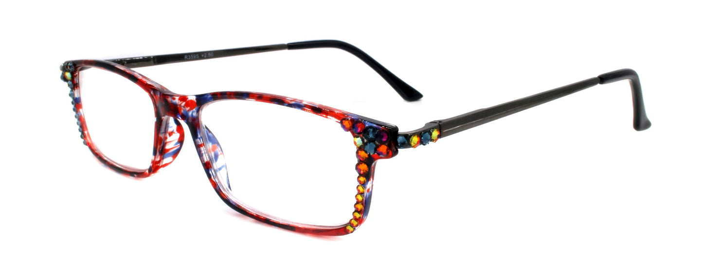 Vienna, (Bling) Women Reading Glasses W (Volcano, Montana Blue) (Tortoise Shell + Red) Frame. NY Fifth Avenue