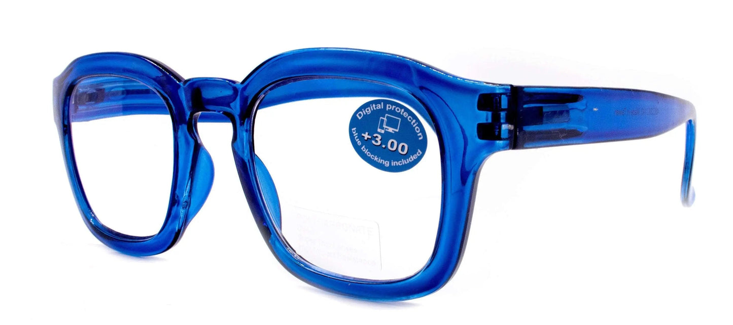 Apollo, (Blue Light Glasses) (Computer Reading Glasses) Reduce Eyestrain A/R Anti Glare +1.25... +3.00, Large Square (Blue) NY Fifth Avenue.