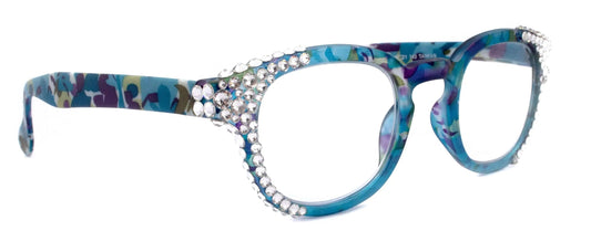 Autumn, (Bling) Reading Glasses For Women Adorned w (Clear) Genuine European Crystals  Round Frame (Blue, Purple Floral) NY Fifth Avenue 