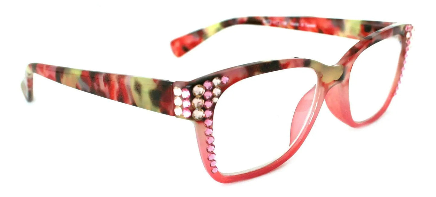 Aya, (Bling) Women Reading Glasses Adorned W ( Rose, Light Colorado)Genuine European Crystals. +1.25..+3.00 Square. NY Fifth Avenue.