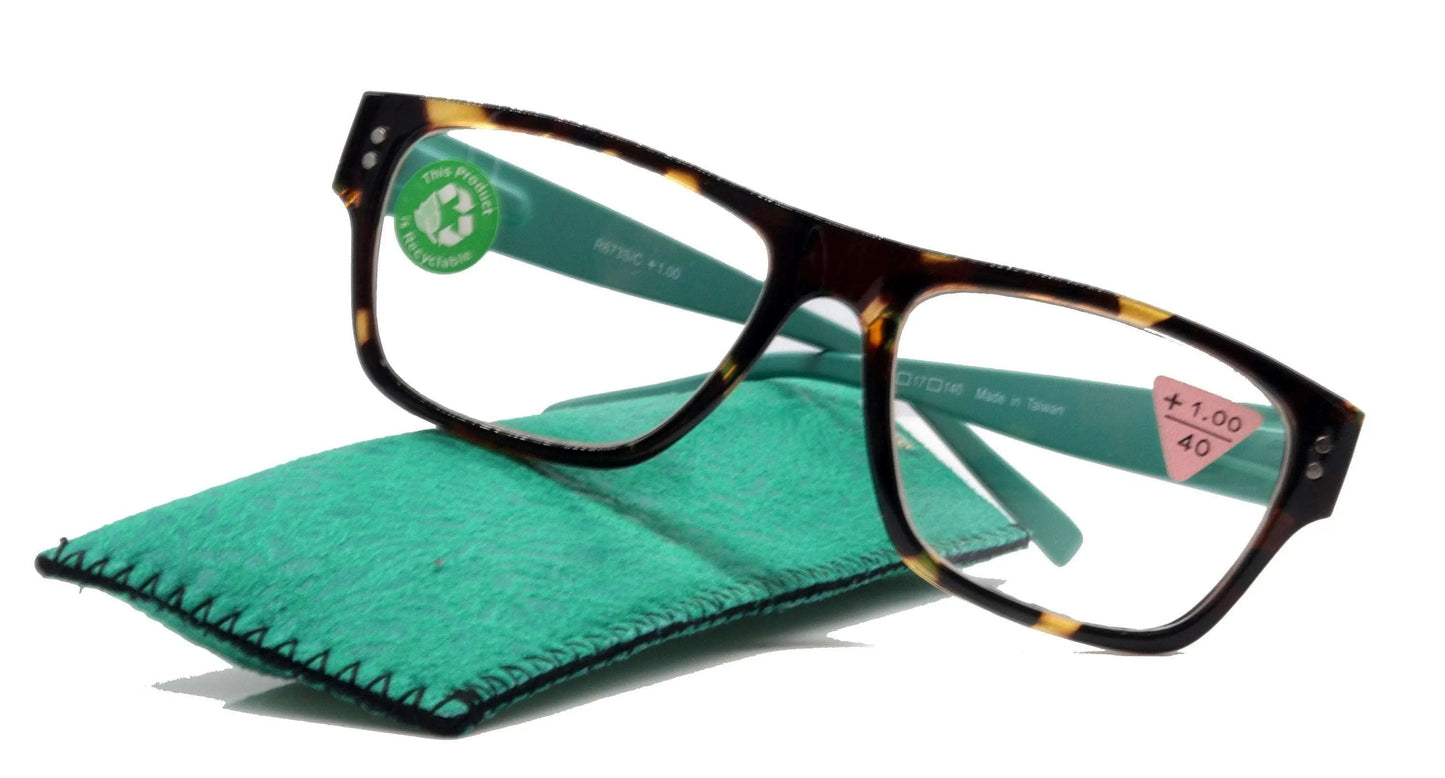 Brooklyn, (Premium) Reading Glasses, High End Reader +1.25...+3 Magnifying Eyeglasses (Tortoise Brown, Teal) Square Frame. NY Fifth Avenue