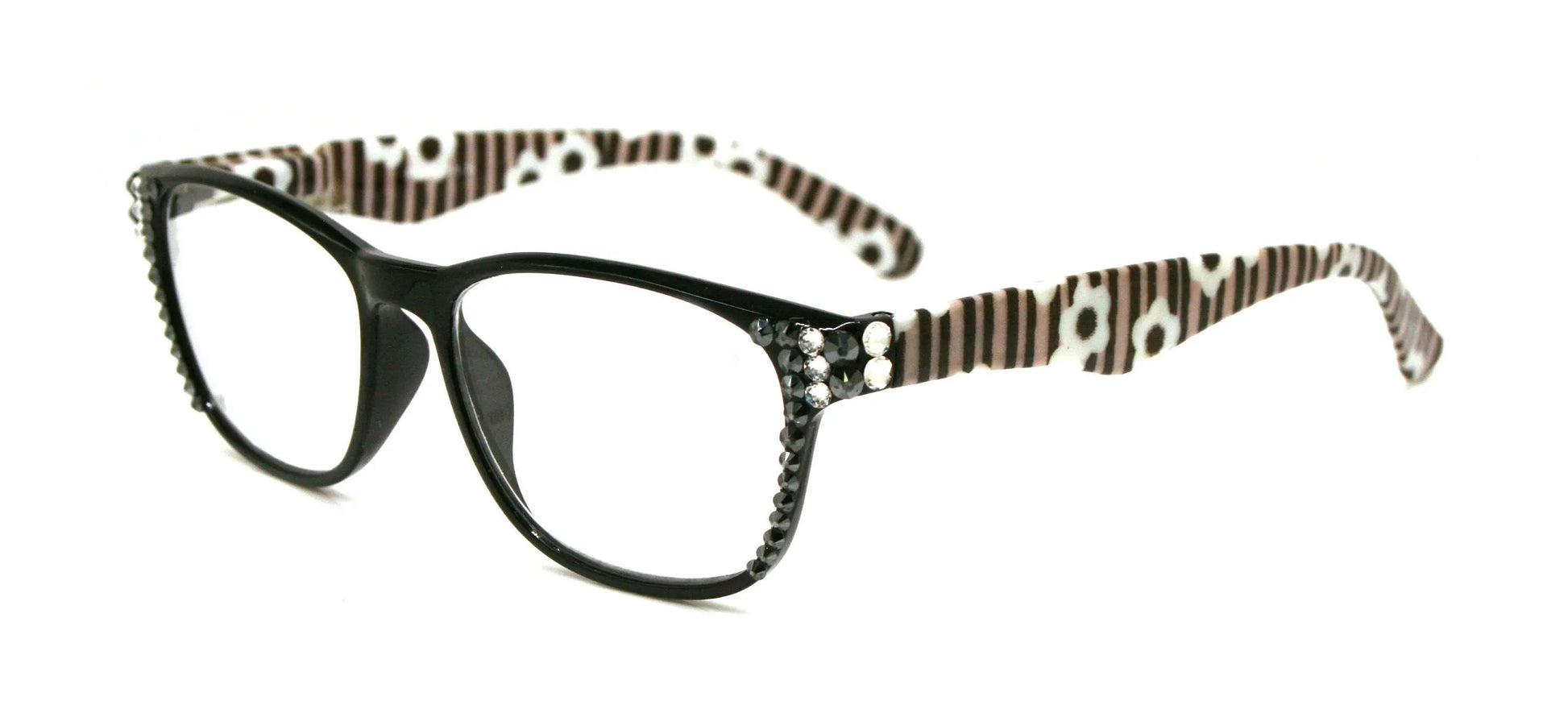 Chelsea, (Bling) Reading Glasses 4 Women W (Hematite, Clear) Genuine European Crystals. +1.25 to +3 (White n Black Floral) NY Fifth Avenue.