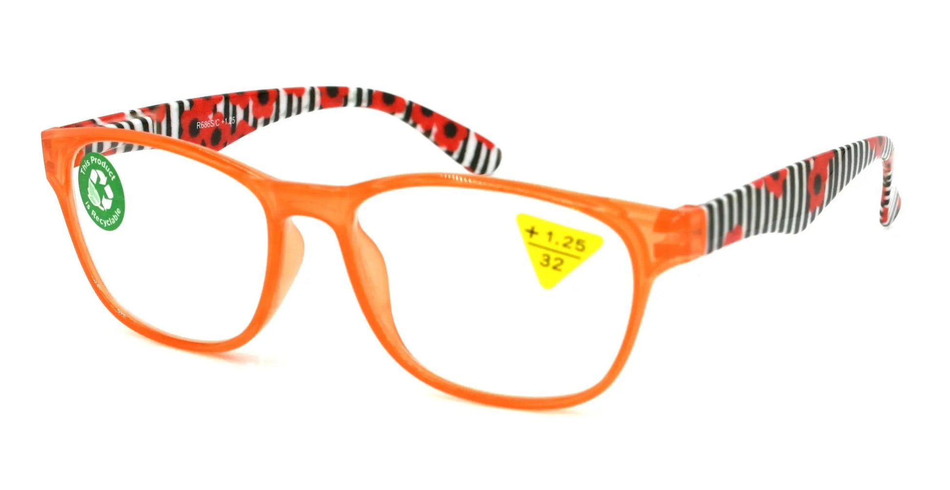 Chelsea, (Premium) Reading Glasses, High End Readers +1.25 to +3 Magnifying Glasses, Square (Orange, Black) Floral Frame, NY Fifth Avenue.