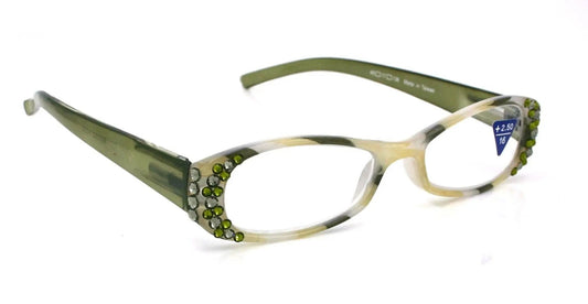 Dashing Stripes, (Bling) Women Reading Glasses W (Olivine, Black Diamond)  Genuine European Crystals   (Green) Oval. NY Fifth Avenue 