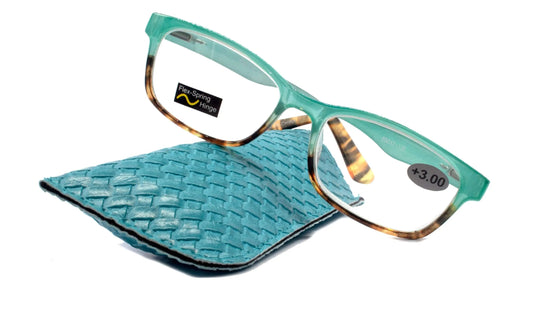 Desiree, (Premium) Reading Glasses, High End Reader +1.25..+3 Magnifying Wayfarer Style (Teal Tortoise Brown) Optical Frame. NY Fifth Avenue
