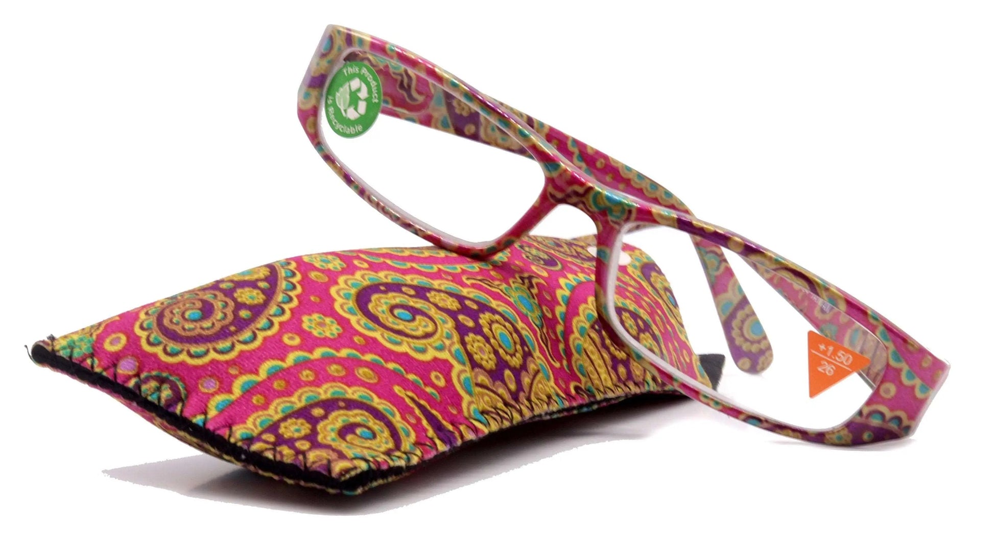 Florence, (Premium) Reading Glasses, High End Readers +1.25 to +3 Magnifying. (Paisley, Pink) optical, Rectangular Frame. NY Fifth Avenue.