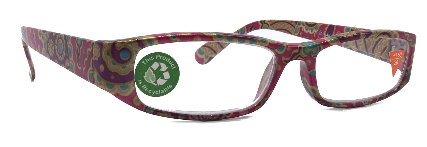 Florence, (Premium) Reading Glasses, High End Readers +1.25 to +3 Magnifying. (Paisley, Pink) optical, Rectangular Frame. NY Fifth Avenue.