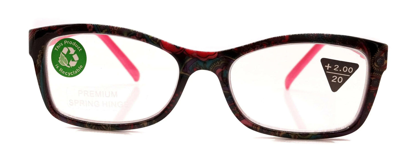 Frida, (Premium) Reading Glasses, High End Readers +1.25 .. +3 Magnifying Eyeglasses, Square Optical Frame. (Pink) Paisley. NY Fifth Avenue