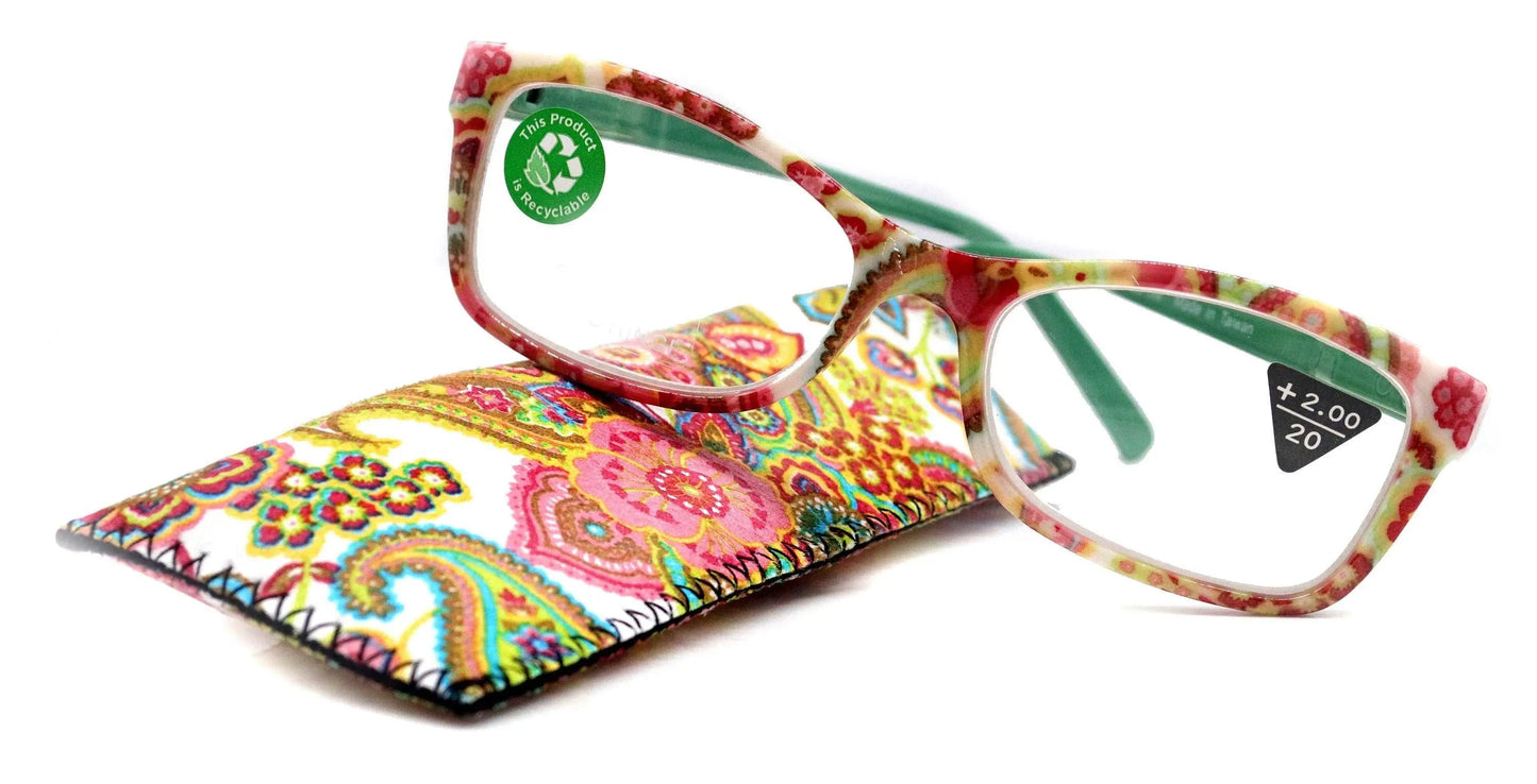 Frida, (Premium) Reading Glasses, High End Readers +1.25 .. +3 magnifying Eyeglasses, Square Optical Frame. (white) Paisley. NY Fifth Avenue