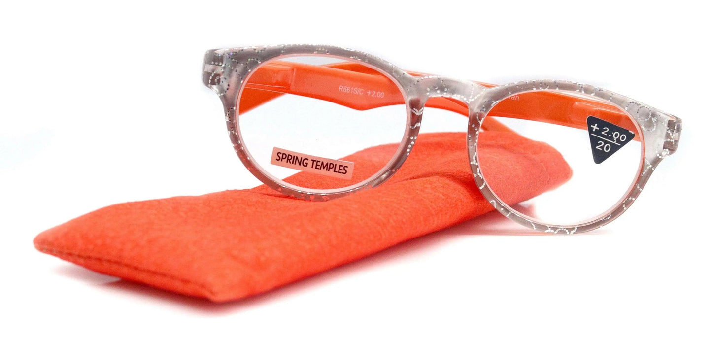 Grace, (Premium) Reading Glasses High End Readers +1.25 ..+3 Magnifying Glasses, Round Frame. (Metallic Silver, Orange) NY Fifth Avenue.